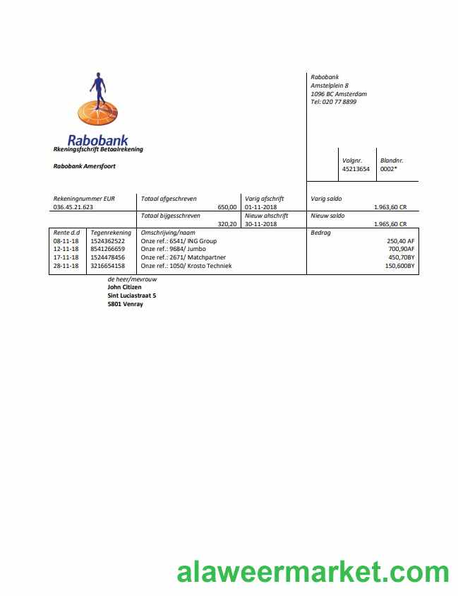 Netherlands Rabobank bank statement easy to fill template in Word and PDF format